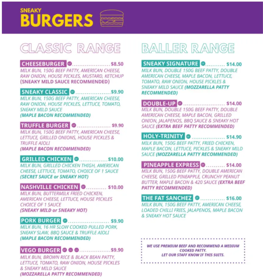 Sneaky Burgers Malaysia Menu